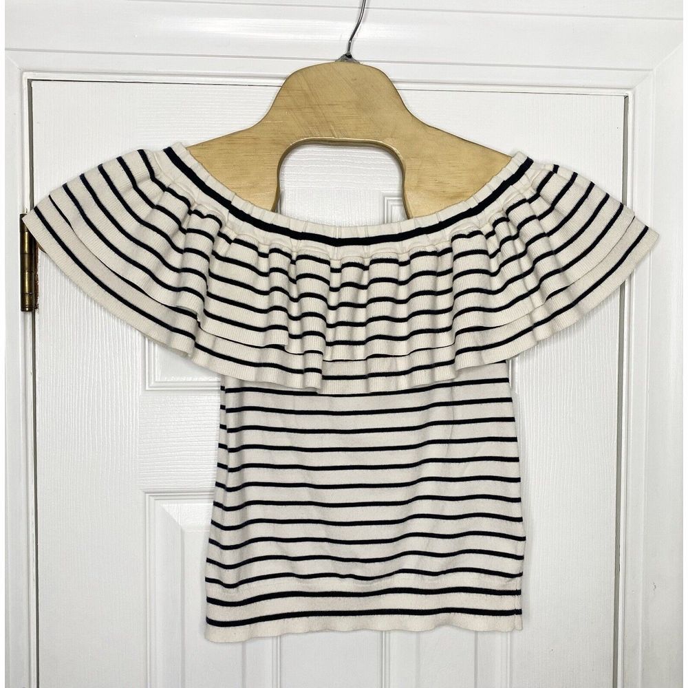 J Crew Women's‎ Off The Shoulder Sweater Striped Navy Blue Ivory Small